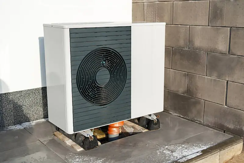 Unidad exterior de bomba de calor aerotérmica instalada en patio de ventilación de piso en Sant Feliu de Llobregat, Barcelona